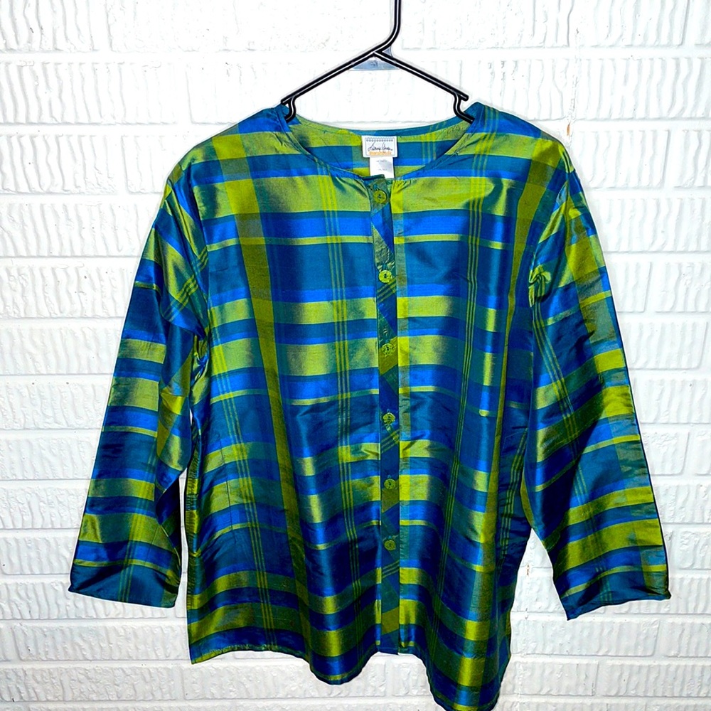 Thai Silk Jennifer George Sketchbook Washable Plaid Jacket, Large, Button Frnt.